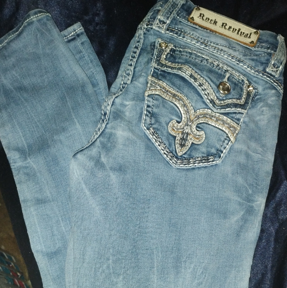 Rock Revival.. Blue Straight Leg Jeans with Ornate Stitching